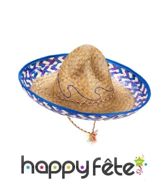 Chapeau mexicain en paille contour bleu