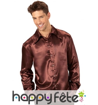 Chemise marron satinée disco pour homme