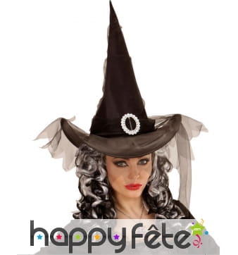 Chapeau pointu noir avec voile et boucle