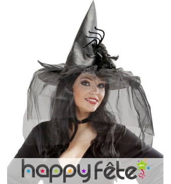 Chapeau pointu noir avec voile et grosse araignée