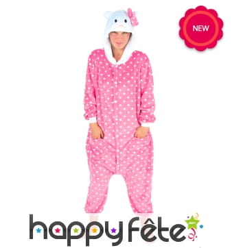 Combinaison rose à pois blanc de chat pour adulte