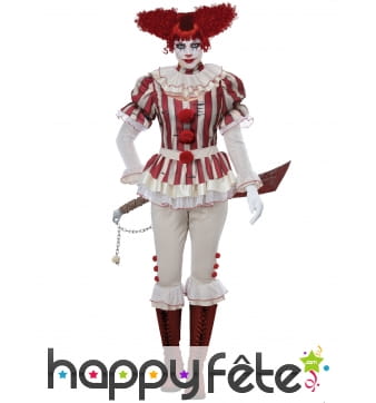Costume rétro de clown rayé rouge blanc pour femme