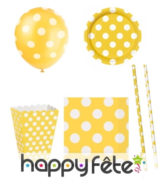Décos d'anniversaire jaunes à pois blanc