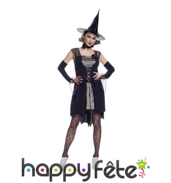 Déguisement robe mi-genoux noire de sorcière