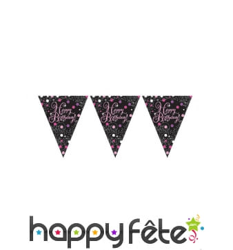 Guirlande de fanions rose et noir Happy Birthday