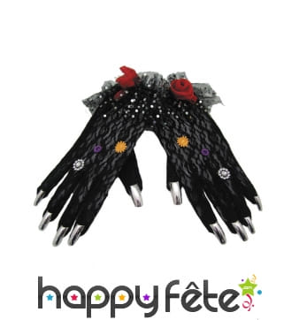 Gants noirs Dia de los muertos ongles argentés
