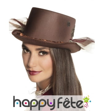 Haut de forme marron Steampunk avec tules, adulte