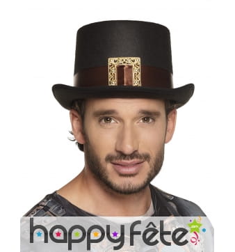 Haut de forme noir steampunk avec ruban marron