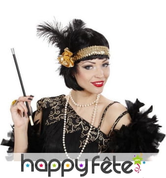 Large bandeau charleston doré et plumes noires