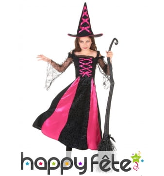 Long costume de petite sorcière noir et rose