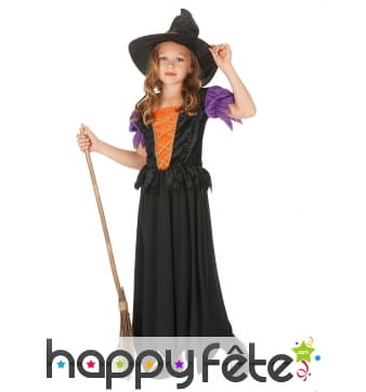 Long costume de petite sorcière noire et orange