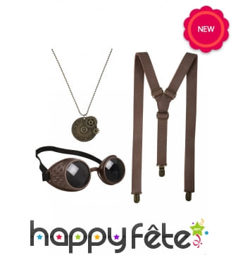 Lunettes, collier et bretelles Steampunk adulte