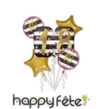 Lot de 5 ballons rayés noir et blanc chiffre 18 or
