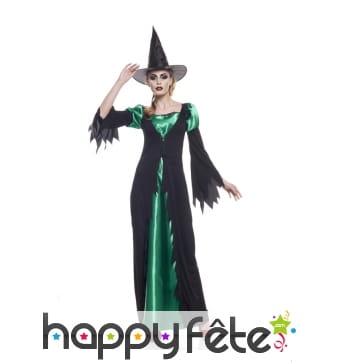Long déguisement noir et vert de sorcière