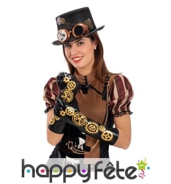 Longs gants noirs steampunk avec rouages dorés