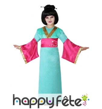 Long kimono vert rose pour fillette