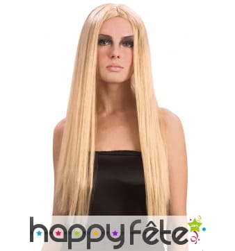 Longue perruque blonde et lisse avec raie centrale