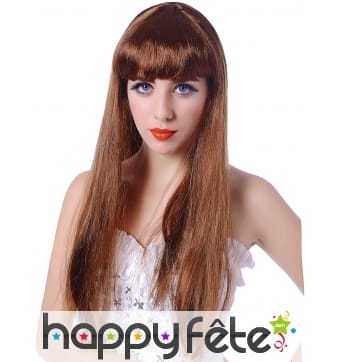 Longue perruque chatain lisse à frange