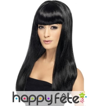 Longue perruque noire lisse avec frange