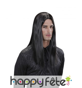 Longue perruque noire lisse avec raie centrale