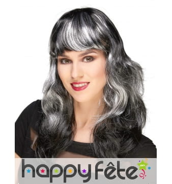 Longue perruque ondulée noire balayage blanc