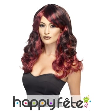 Longue perruque ondulée noire et acajou