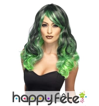 Longue perruque ondulée noire et verte