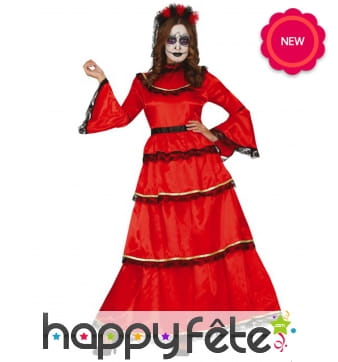 Longue robe rouge Dia de los muertos pour femme