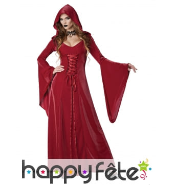 Labellevie Longue Cape à Capuchon Velours Déguisement Adulte Costume Halloween avec Dentelle Dorée Rouge 110cm 