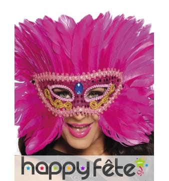 Loup vénitien rose avec plumes et galons dorés