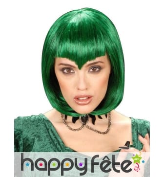 Perruque verte courte avec frange en pointe