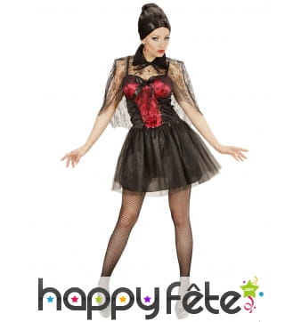 Robe courte de vampire rouge et noir avec capeline