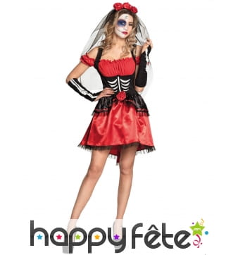 Robe courte dia de los muertos rouge et noir