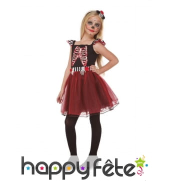 Robe dia de los muertos rouge et noir pour enfant