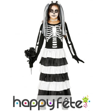 Robe noire blanche de mariée squelette pour enfant