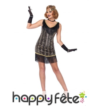 Robe noire charleston sequins dorés et franges