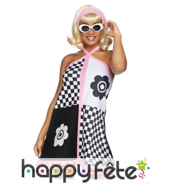 Robe rétro blanc noir et rose pour femme, luxe