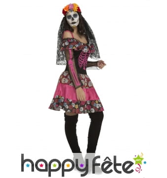 Robe rose Dia de los muertos pour femme