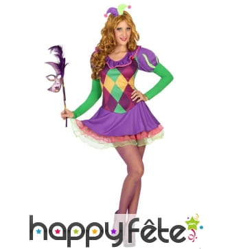 Robe violette arlequin et mini chapeau