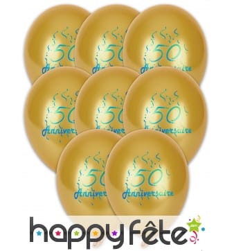 Sachet de 8 ballons 50ème anniversaire doré