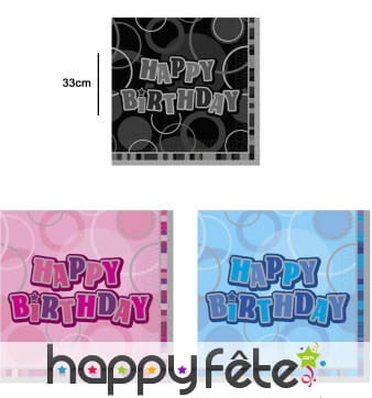Serviettes Happy Birthday bleues, noires ou roses