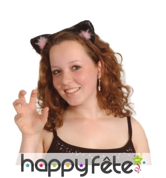 Serre-tête oreilles de chat noires intérieur rose