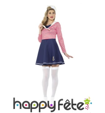 Tenue femme matelot robe bleue haut ligné rouge