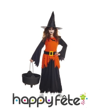 Tenue longue de sorcière noire et orange, enfant