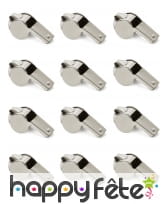 12 sifflets argentés de 4 cm avec anneaux