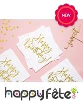 20 Serviettes blanches imprimé Happy Birthday doré, image 1