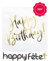 20 Serviettes blanches imprimé Happy Birthday doré