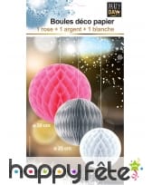 3 boules de papier à suspendre rose argent blanc