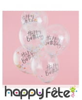 5 Ballons confettis Happy birthday transparents