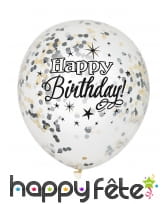 6 Ballons Happy Birthday confettis argent or